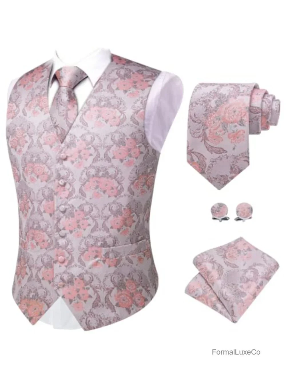 Men's Silk Paisley Vest 4PC Set with Tie Pocket Square Cufflinks Formal